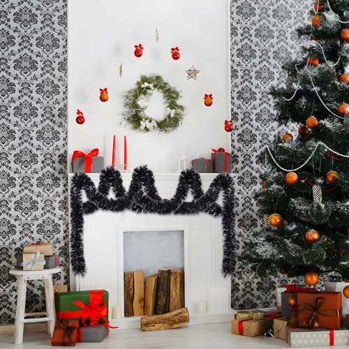 33ft Black Christmas Tinsel Garland,Xmas Metallic Twisted Hanging Garland for Chistmas Tree Fireplace Mantle Home Decoration