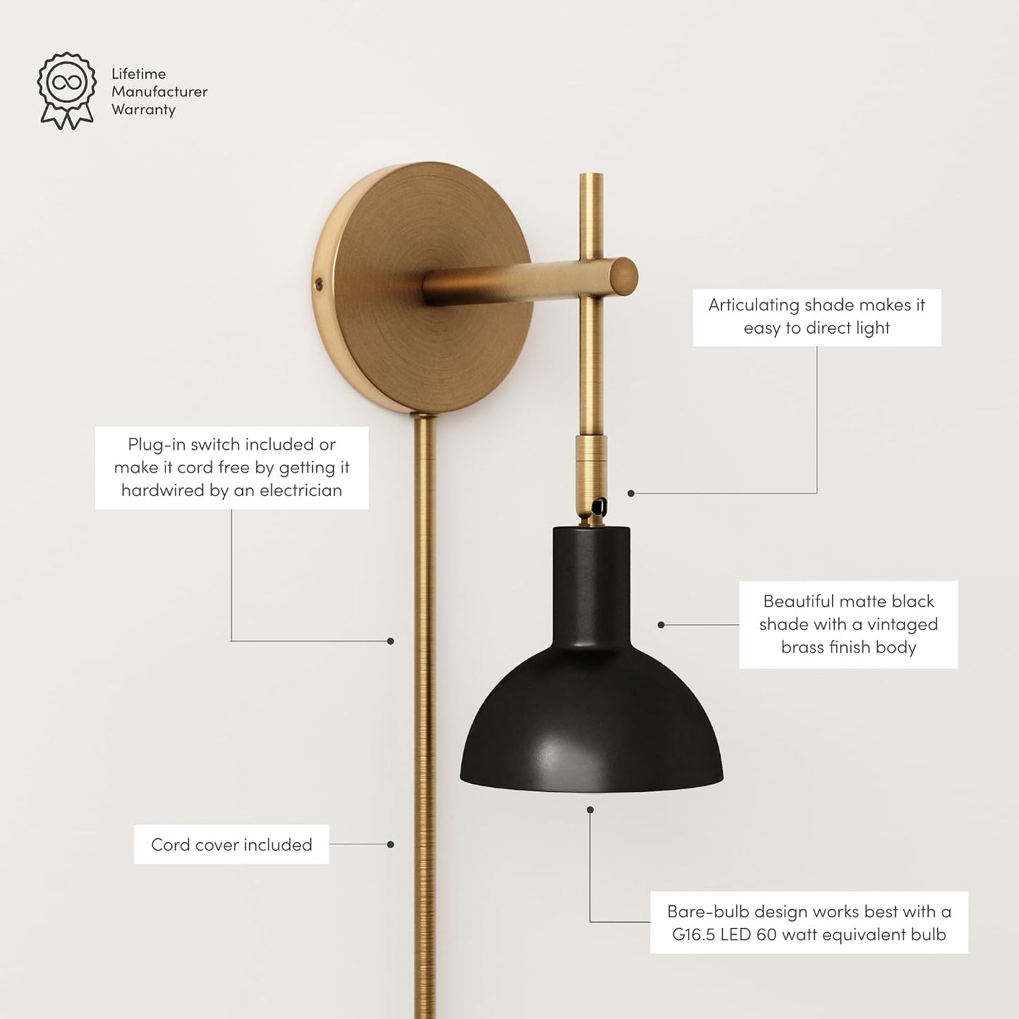 Nathan James Tamlin Wall Light Fixture, Wall Mounted 1-Light Lamp, Plugin Sconce with On/Off Switch for Living Room