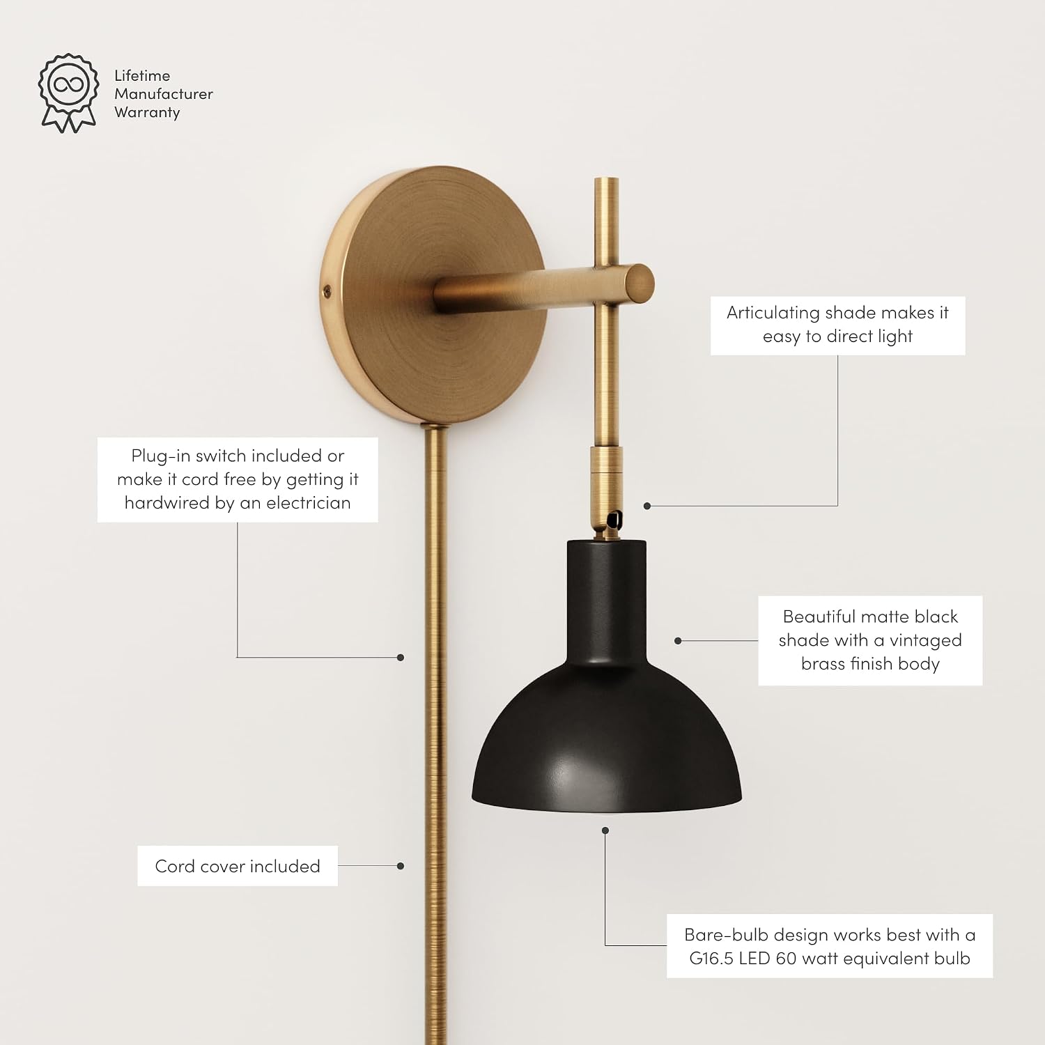 Nathan James Tamlin Wall Light Fixture, Wall Mounted 1-Light Lamp, Plugin Sconce with On/Off Switch for Living Room