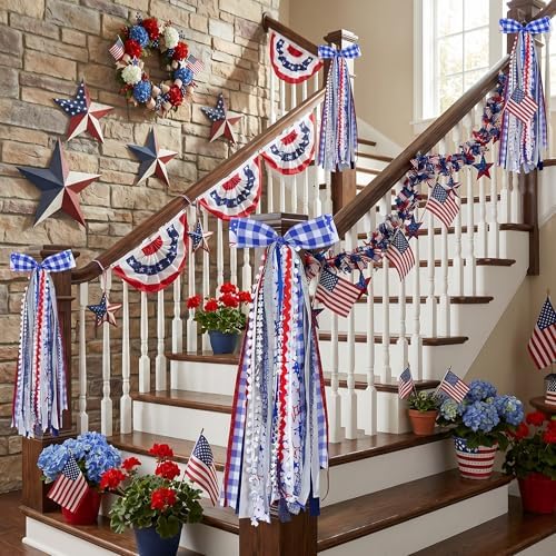 Patriotic Bows for Wreaths Red White Blue Grid Stars Tree Topper Bow for 4th of July,Independence Day,Memorial Day,Veteran's Day Indoor Outdoor Holiday Patriotic Decorations