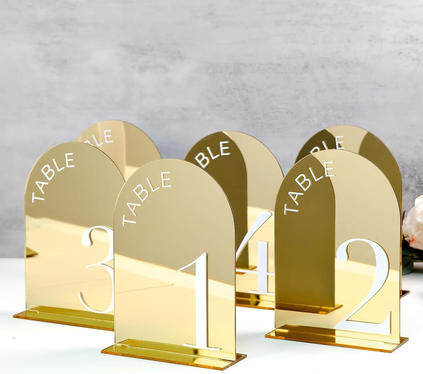 Gold Mirror Arch Wedding Table Numbers 1-15 with Stands | 15 Pack 5x7 Inch Gold Mirror Acrylic Arch Signs with Raised
