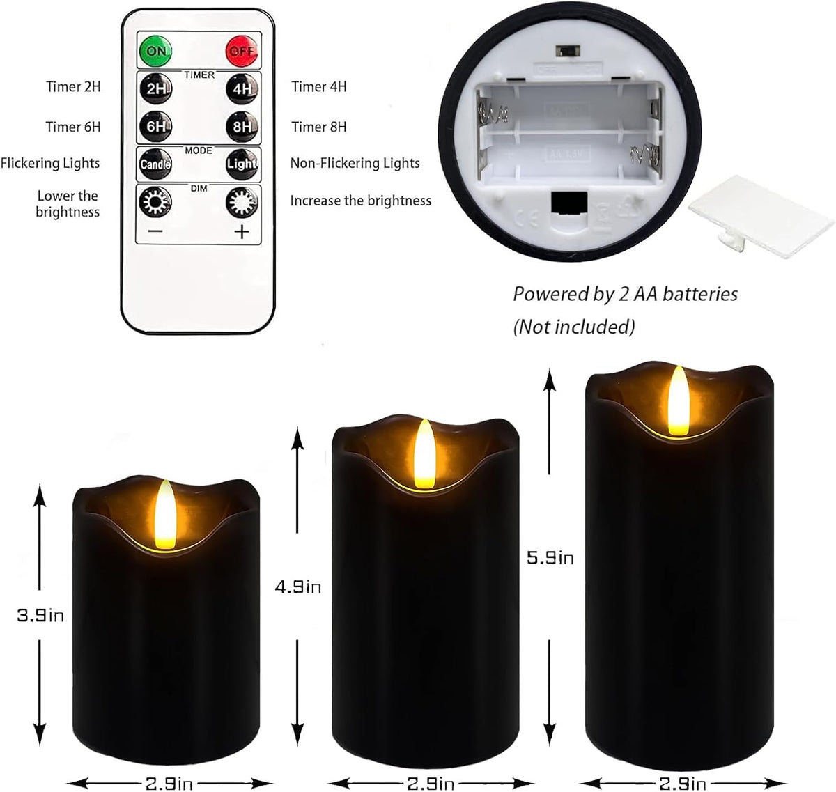 Black Flameless Candles Set of 3, Halloween LED Candles with Remote & Timer | Flickering Real Wax Pillar Candles