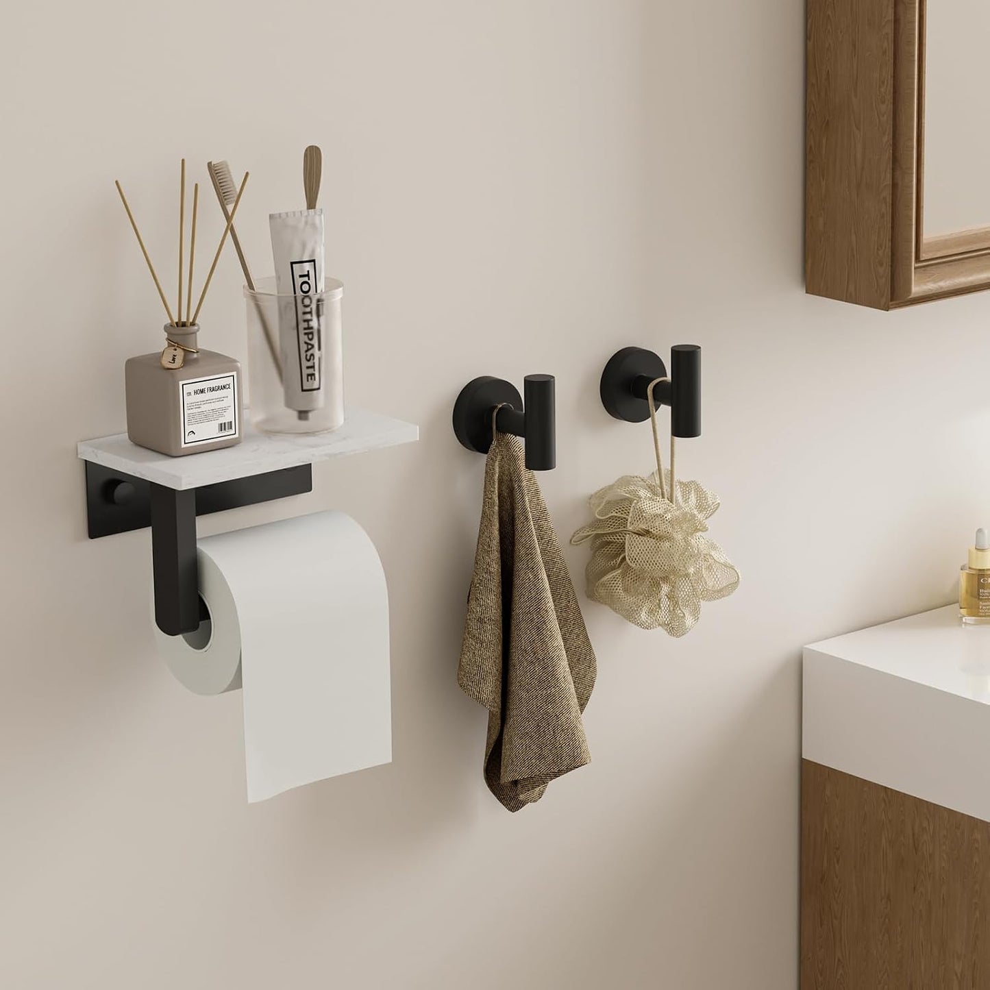 BWE Matte Black Toilet Paper Holder with Marble Shelf Wall Mounted | Toilet Paper Roll Holder with Phone Shelf 304