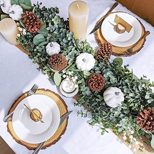 Winlyn Fall White Pumpkin Artificial Eucalyptus Garland with Pumpkins Pinecones Berries - Fall Decor, 5.9' L - Farmhouse Wedding Arch Backdrop, Thanksgiving Mantel, Table Runner, Centerpiece