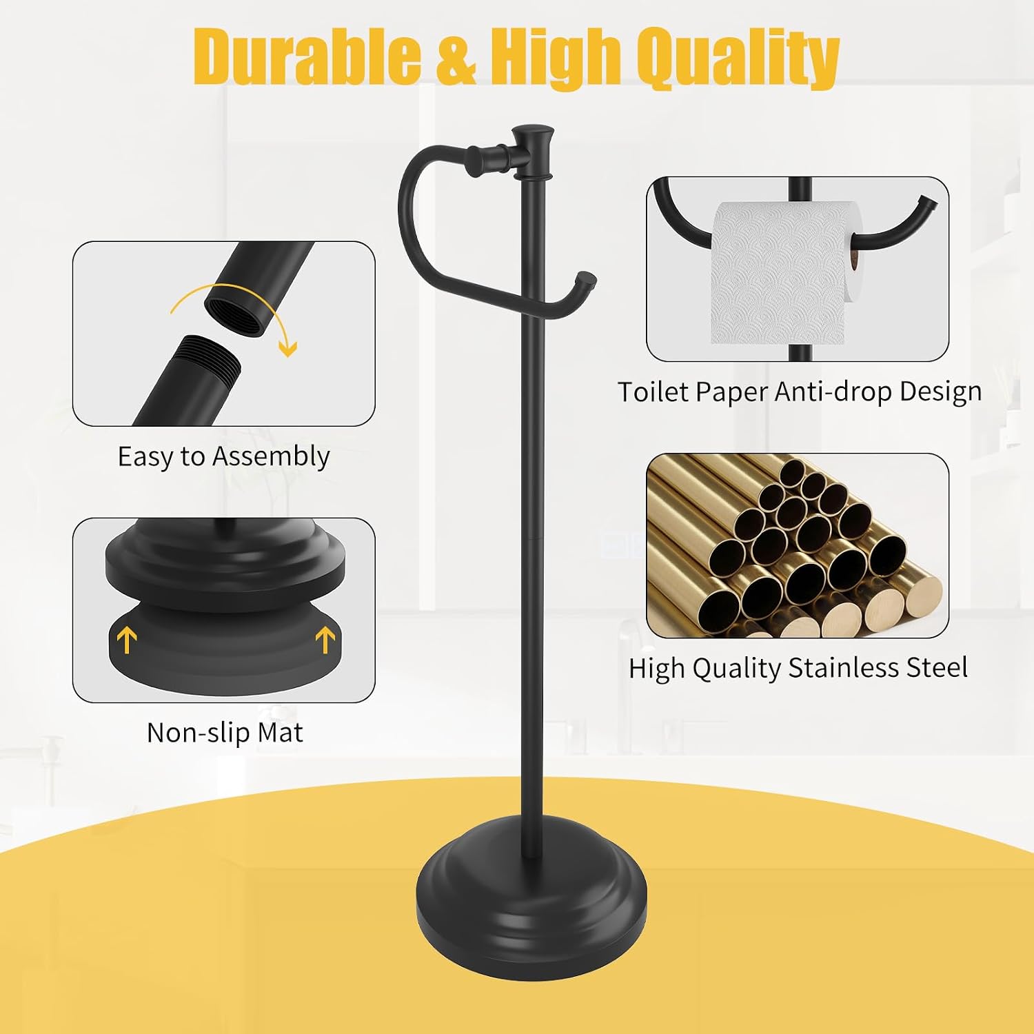 Toilet Paper Holder Floor Stand, Bathroom Freestanding Black | Toilet Tissue Roll Holder, Free Standing Rack with