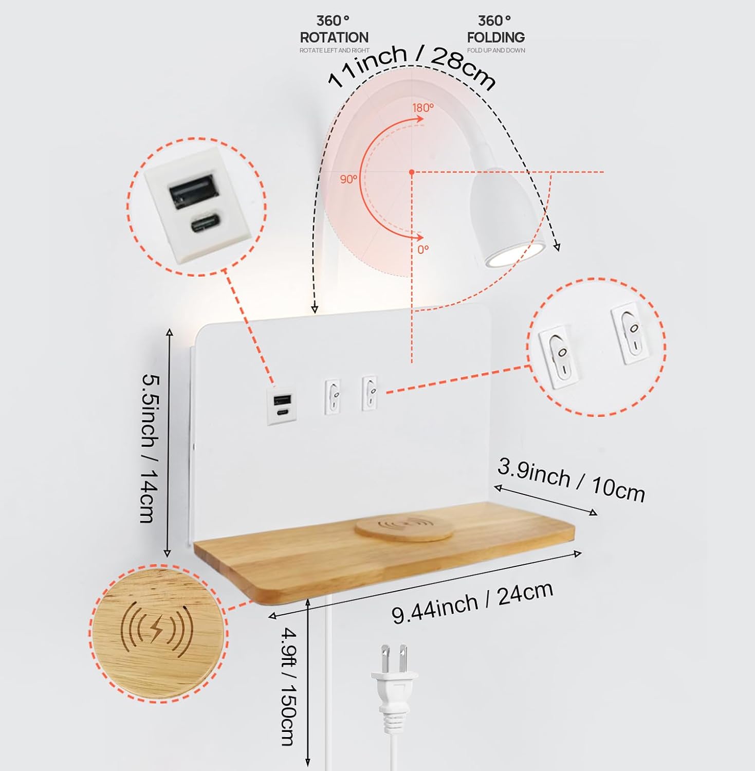 White Bedside Wall Sconce with Wireless Charging Station, USB-C & USB-A Ports, Plug in Wall Light with Shelf, Gooseneck