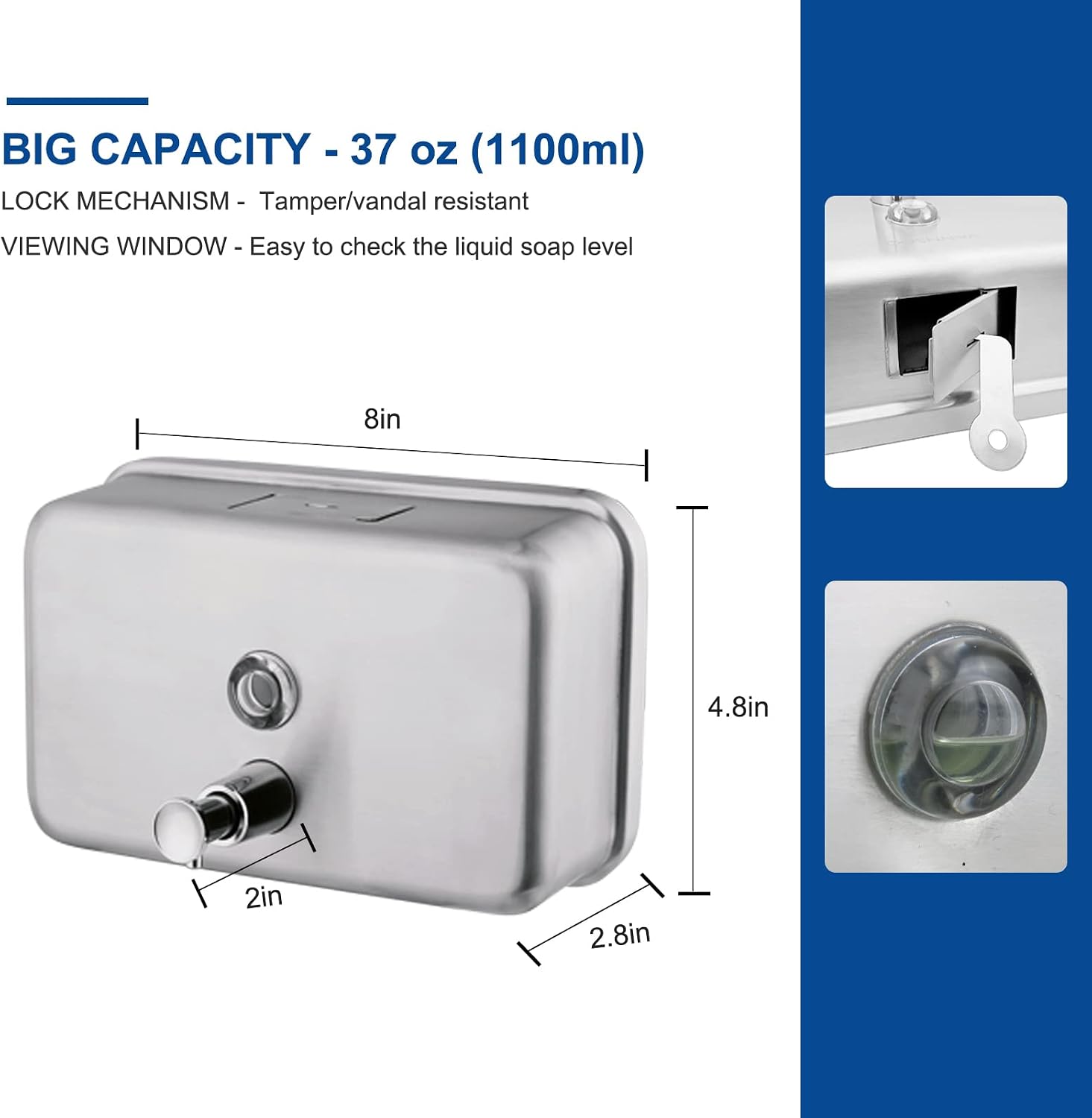 Commercial Soap Dispenser Wall Mount Stainless Steel, Horizontal | Rust-Proof Lining and Anti-Leak Pump Liquid Hand