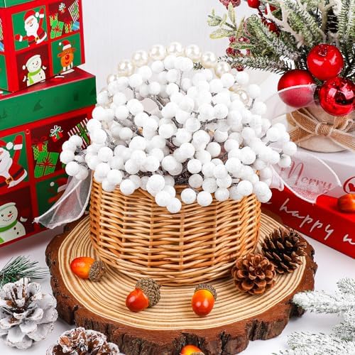 Fangoo 20 Pack 7 Inch Artificial White Berry Picks for Christmas Tree White Berries Stems Holly Berry Branches Ornaments Wreath Crafts Wedding Holiday Season Winter Home Decor