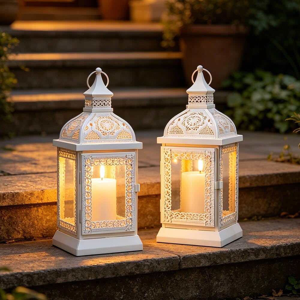 TRIROCKS Set of 2 Rustic Style Metal Candle Lantern 13'' High Decorative Outdoor Lantern Candle Holder with Tempered