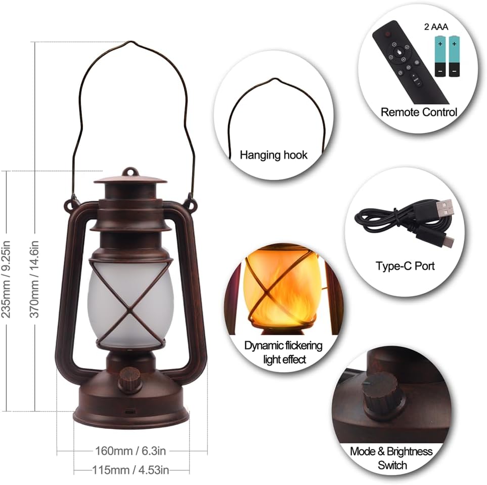Marlrin USB Rechargeable Lanterns 2 Pack with Remote Control 4 Modes Lights | Vintage Hanging Lanterns Outdoor