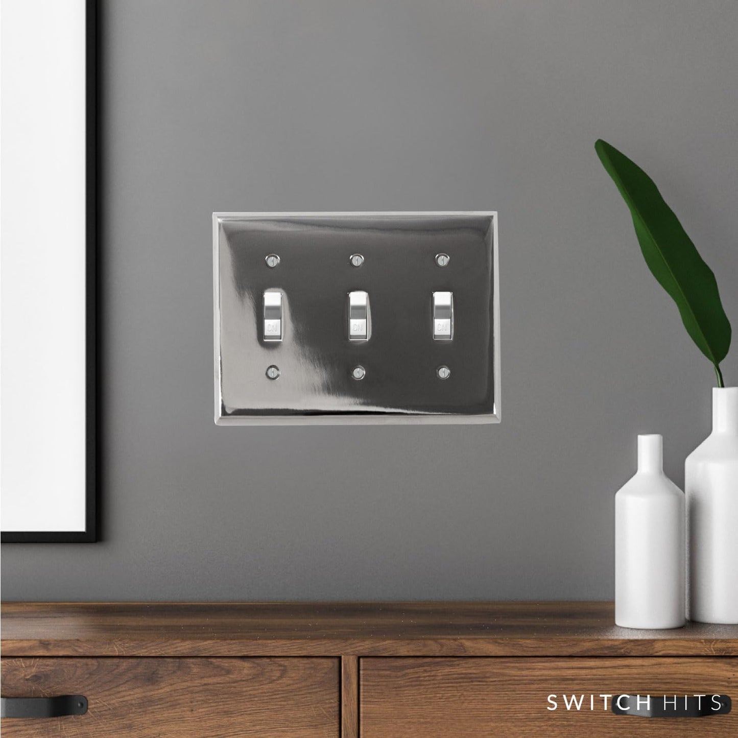 Polished Nickel Outlet Wall Plate | 3 Toggle | 6.25" x 4.5" | Hand-Polished Brass Construction | Electrical Switch