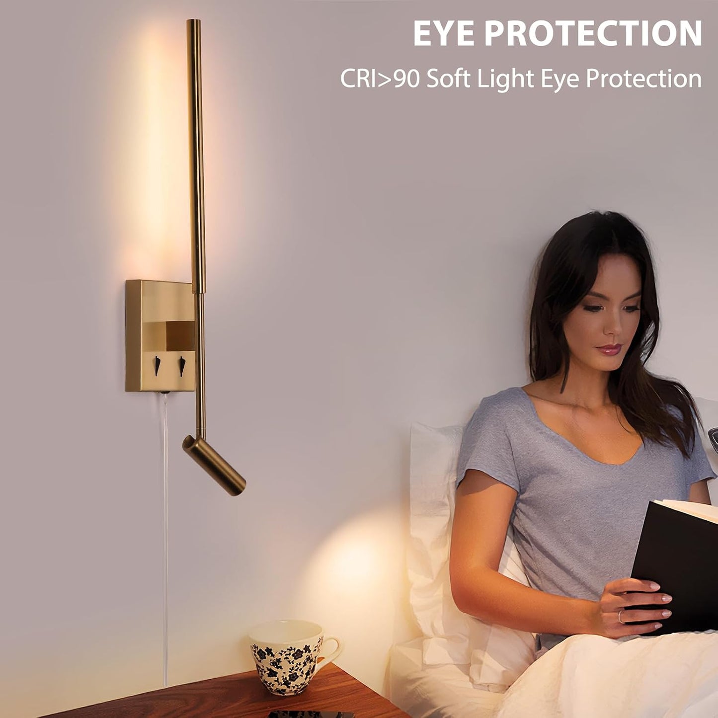 Modern Plug in Wall Sconce Indoor Ambient Lighting for Bedroom, Gold LED Wall Mounted Reading Lamp with Switch, Corded