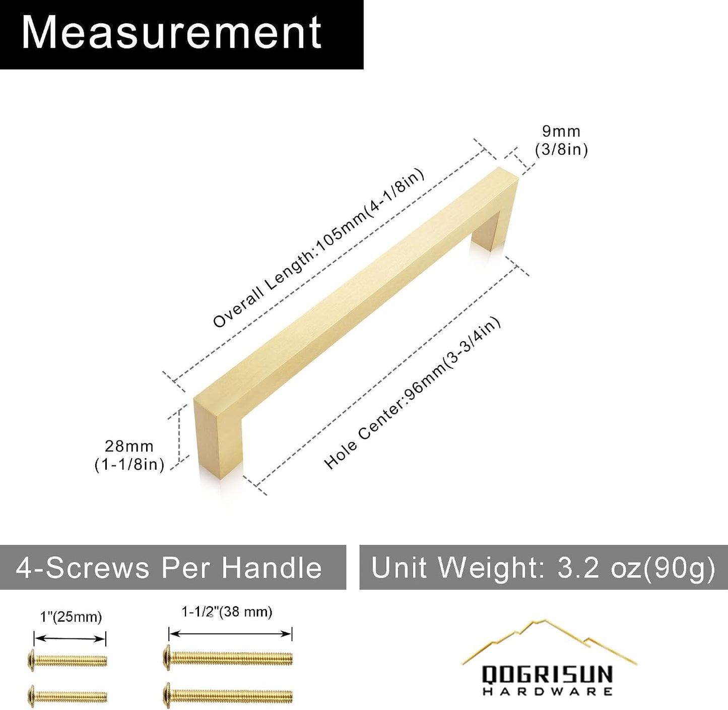 QOGRISUN 5-Pack Brushed Brass Cabinet Pulls, Solid Brass, 3-3/4" Center | Solid Brass Square Pulls, Brushed Brass