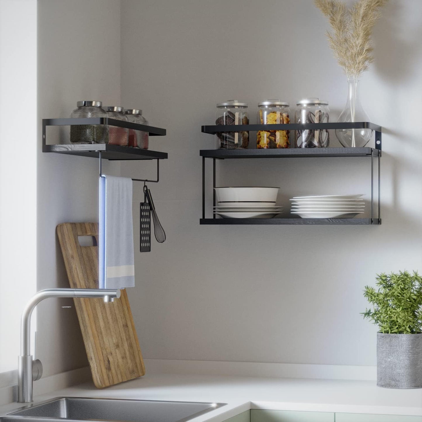 RICHER HOUSE Floating Shelves Bathroom, Wall Mounted Shelf Over Toilet | 2+1 Tier, with Metal Rail, Towel Rack, Paper