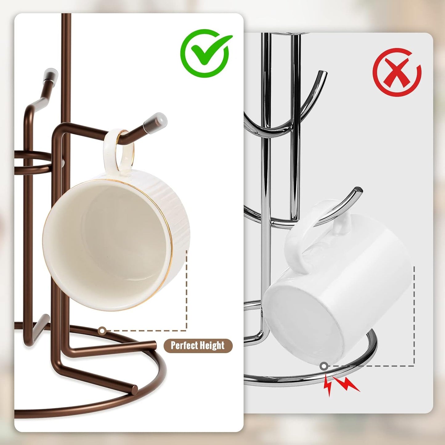 HULISEN Mug Tree for Large Cups, 6 Hook Countertop Coffee Mug Holder, Brown | Cup Rack for Counter, Stable Wide Base