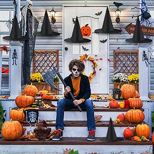 Witch Hat, 14 Pack Halloween Hanging Witch Hats with 200 Feet Hanging Rope, Witch Costume Accessory for Halloween Party Yard Decoration and Carnivals - Black