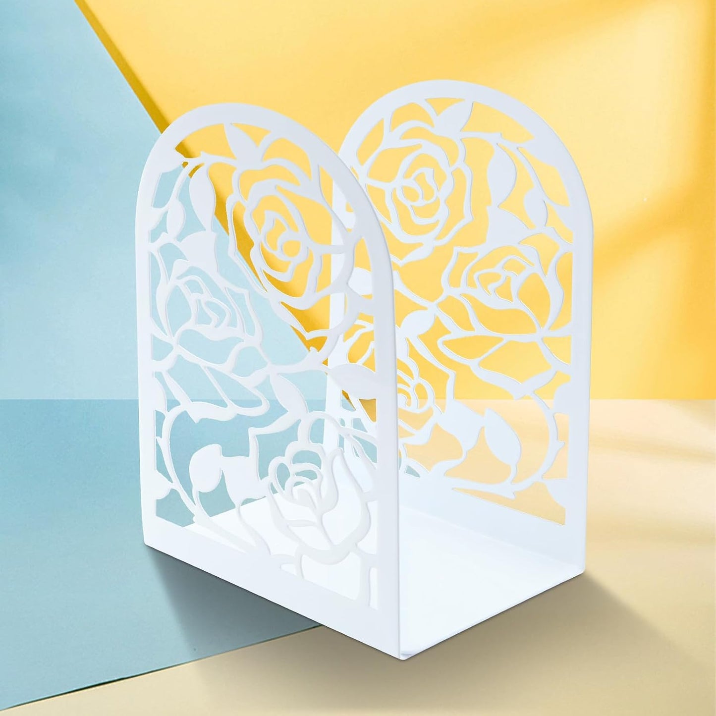 Elegant Rose Bookends Hollow-Out Rose Flower Book Ends Shelves Organizer Metal Book Stands / White
