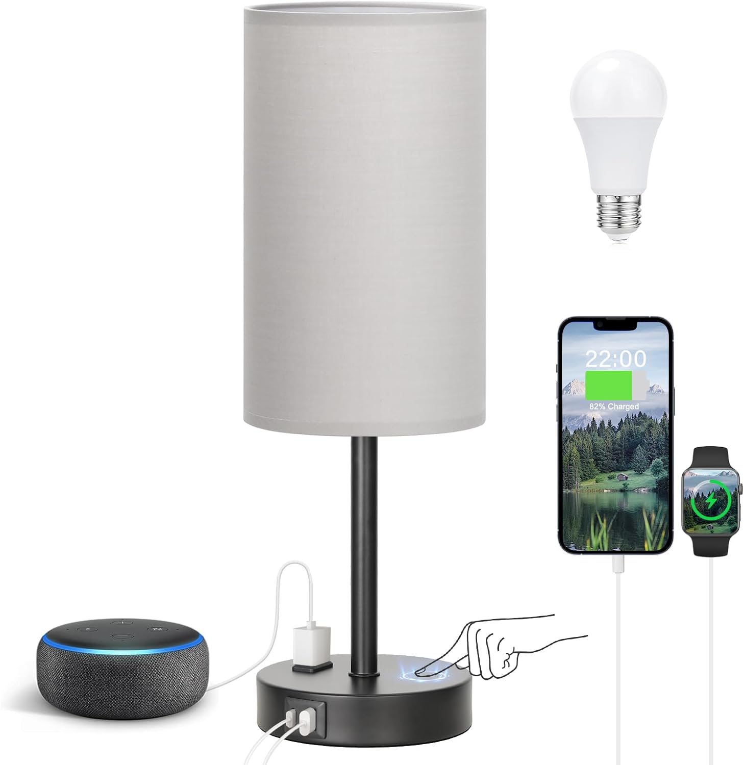 Fenmzee 17.4" Grey Lamp for Bedroom - Dimmable Touch, USB A+C, AC Outlet