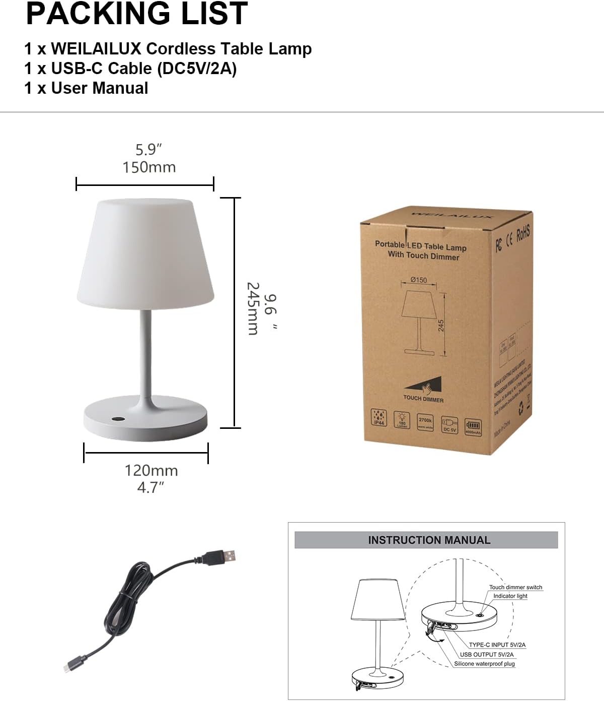 WEILAILUX Outdoor Battery Operated Table Lamp Waterproof, 4000mAh Cordless Table Lamp Rechargeable, Touch Dimmable Desk