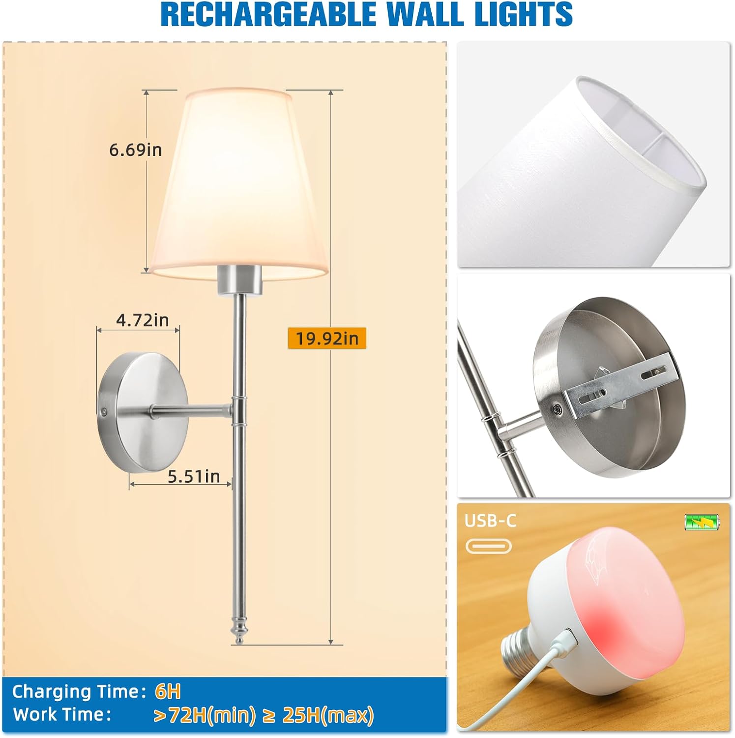 19.9 inch Battery Operated Wall Sconce Set of 2,Brushed Nickel Rechargeable Wall Lights with 10400mAh Dimmable