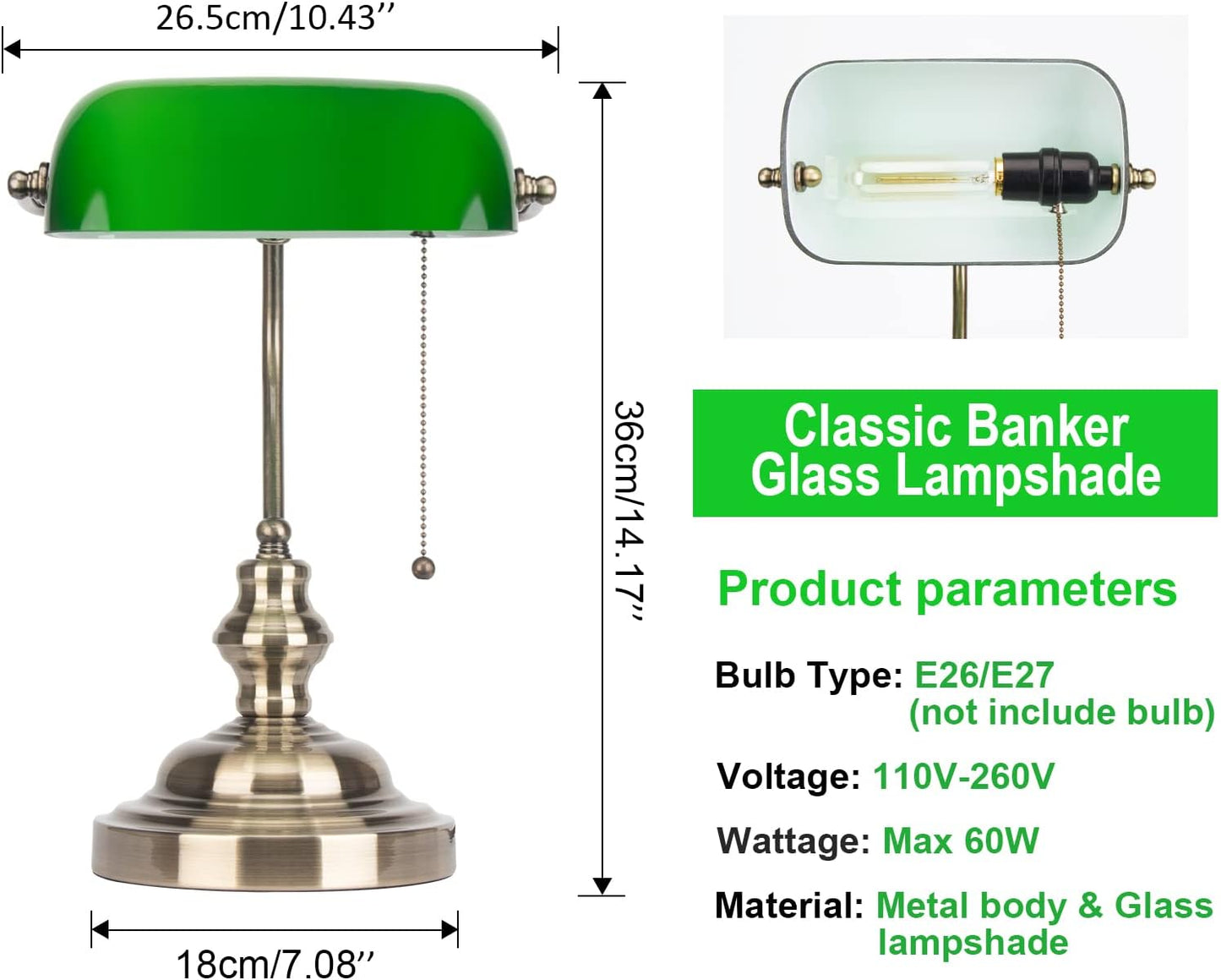 Green Glass Bankers Desk Lamp,Green Bankers Lamp with Brass Finish Base, Traditional Library Lamp with Pull Chain, E26