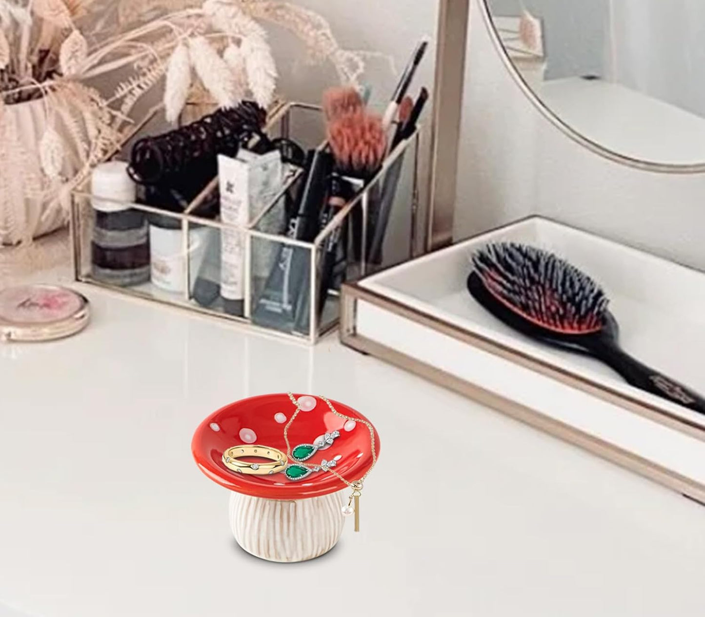 Mushroom Ring Holder Jewelry Tray Dish Ceramic Trinket Storage Jar Mini Engagement Ring Holder / Red