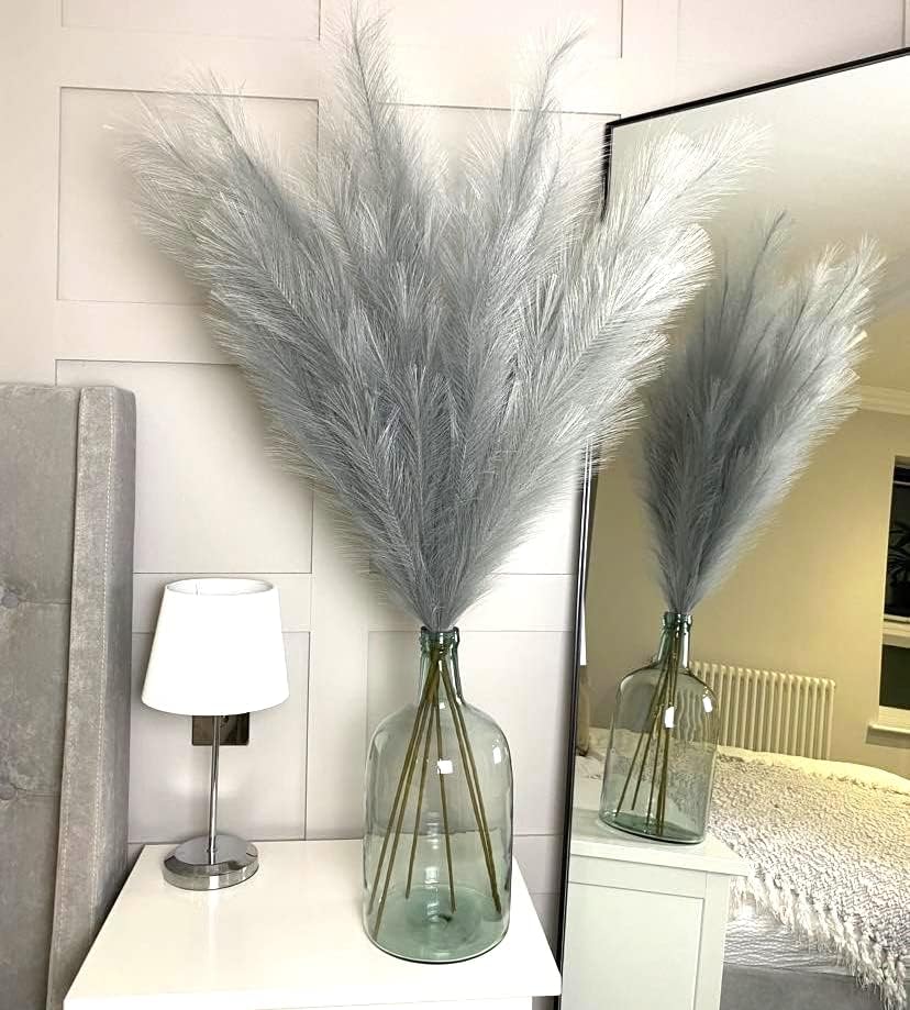 Light Fake Artificial Faux Pampas Grass Large Bundle 3 Tall 45" Extra Fluffy Stems / Grey Gray