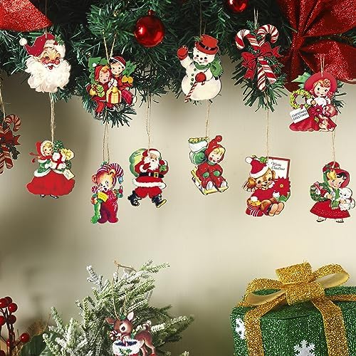 Geelin 24 Pcs Vintage Christmas Ornaments Hanging Wooden Cutouts for Tree