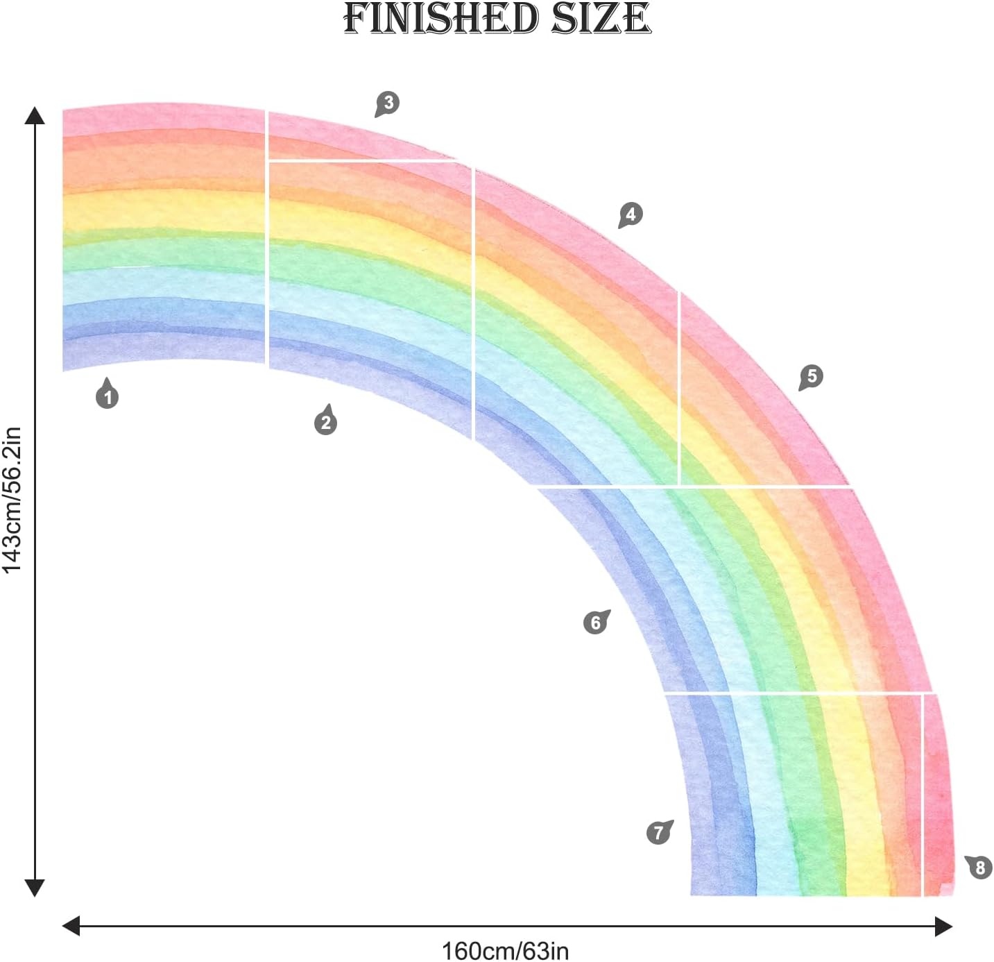 Large Rainbow Wall Stickers / Pastel Pink / 55 x 63