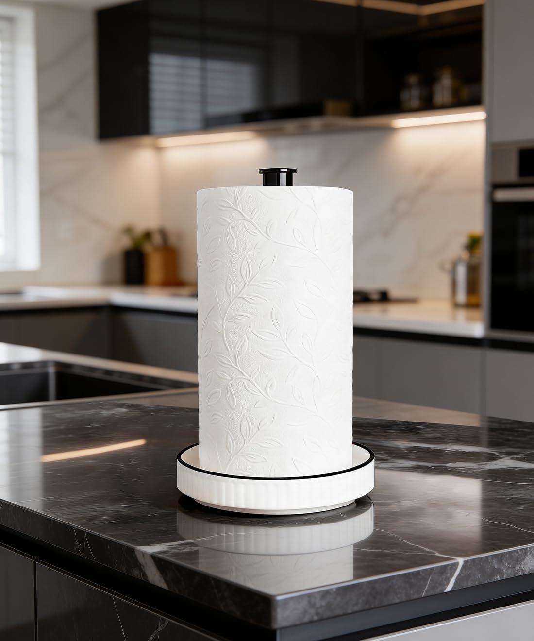 Paper Towel Holder, Ceramic Heavy Plate Base Wobble-Free, Roll Stand-Wh-bk | Effortless Cleaning and Easy to Assemble