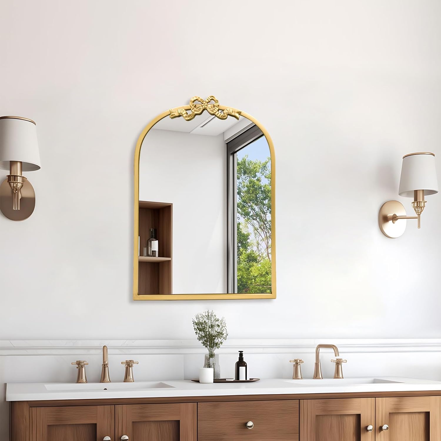 Metal Frame / Vintage Bow Mirror / Arched / 27"L x 19"W / Gold / 27 x 19