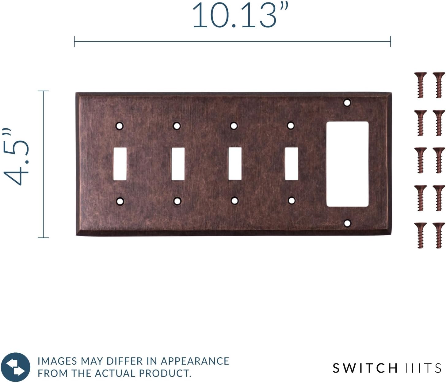 Mottled Antique Copper Outlet Wall Plate | 4 Toggle - 1 GFI Rocker | 10.1" x 4.6" | Hand-Polished Brass Construction