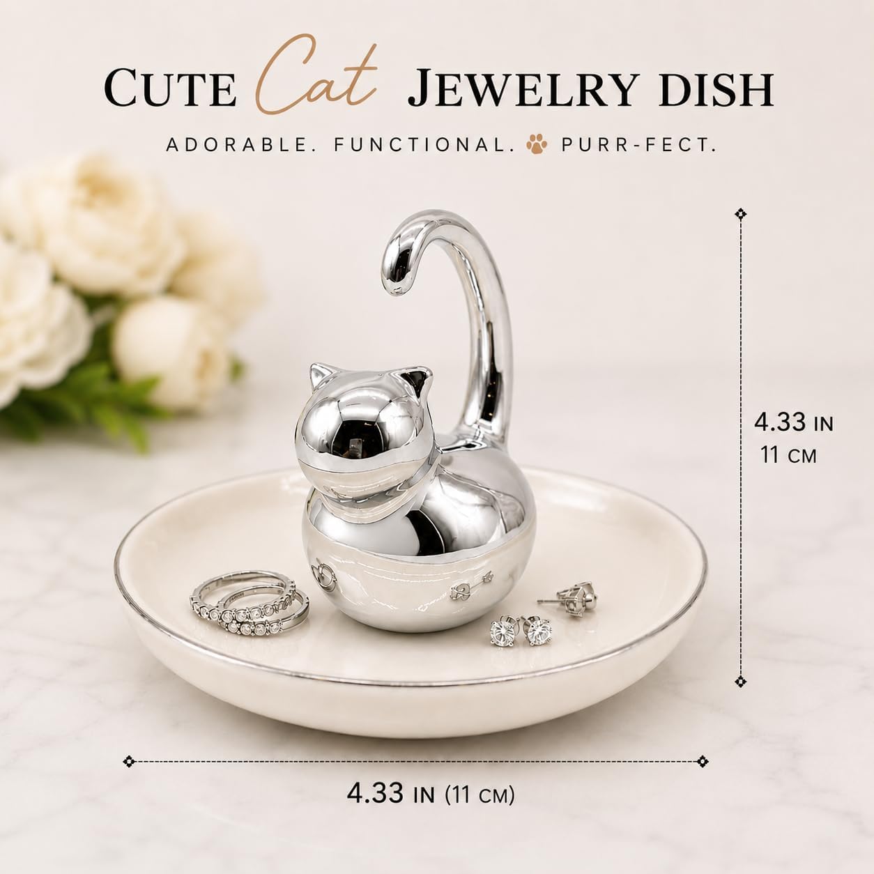 Cat Ring Holder Jewelry Dish- & Silver Ceramic Trinket Tray / Fat Cat / White