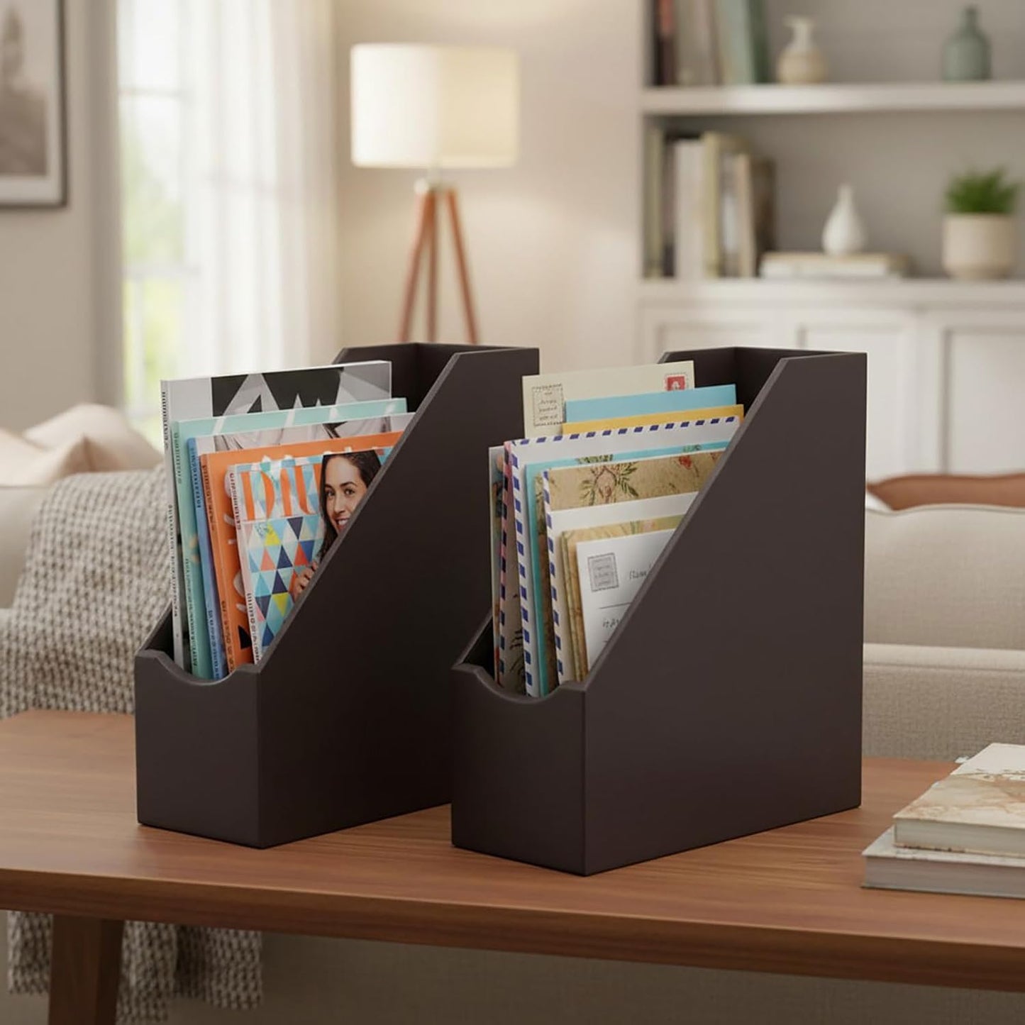UnionBasic Magazine File Holder - Office Leatherette Desktop Document File Folder Journals Organizer Racks, Coffee