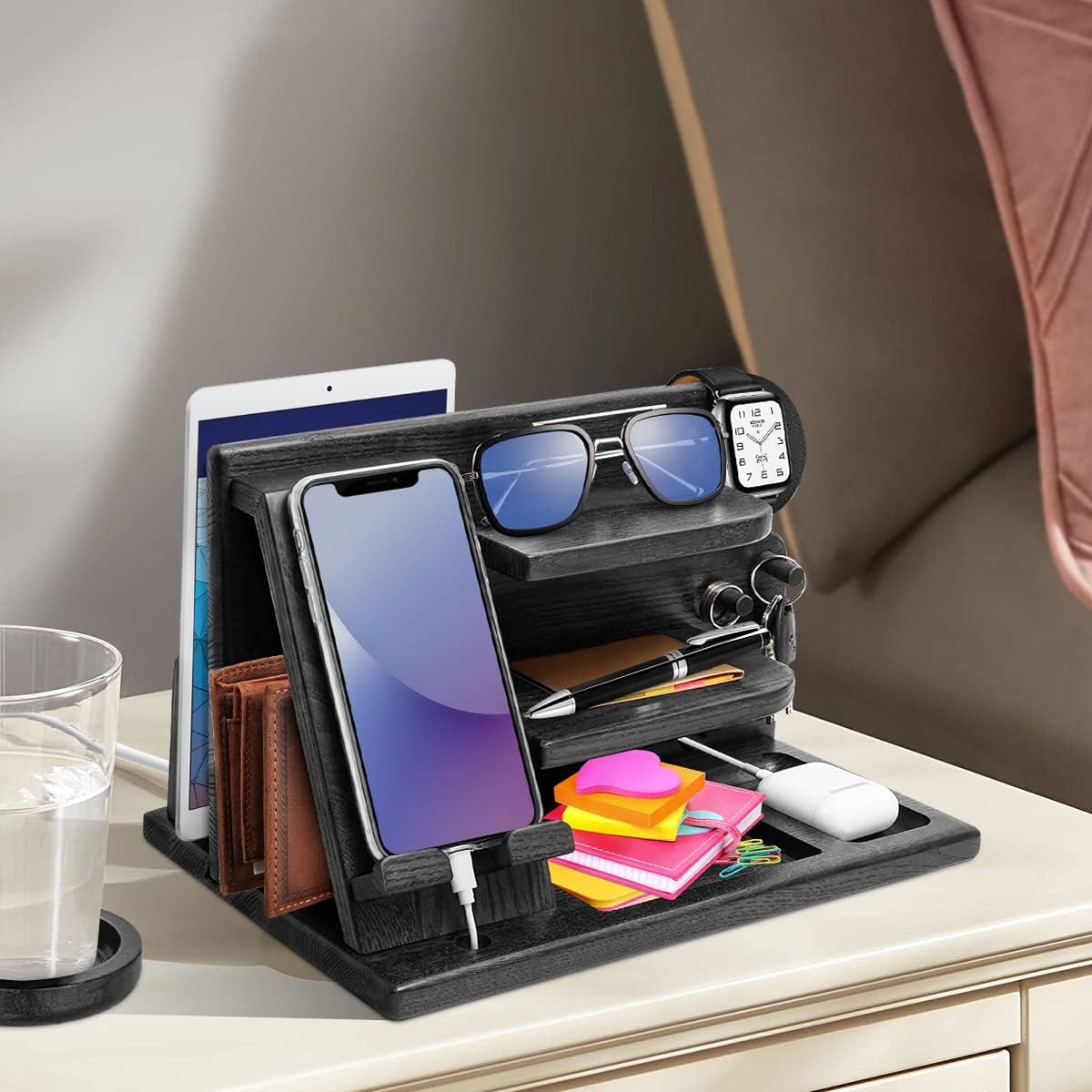 Wood Phone Docking Station - Gifts for Men Desk or Nightstand Organizer - Birthday Gifts for Husband, Fathers Day for