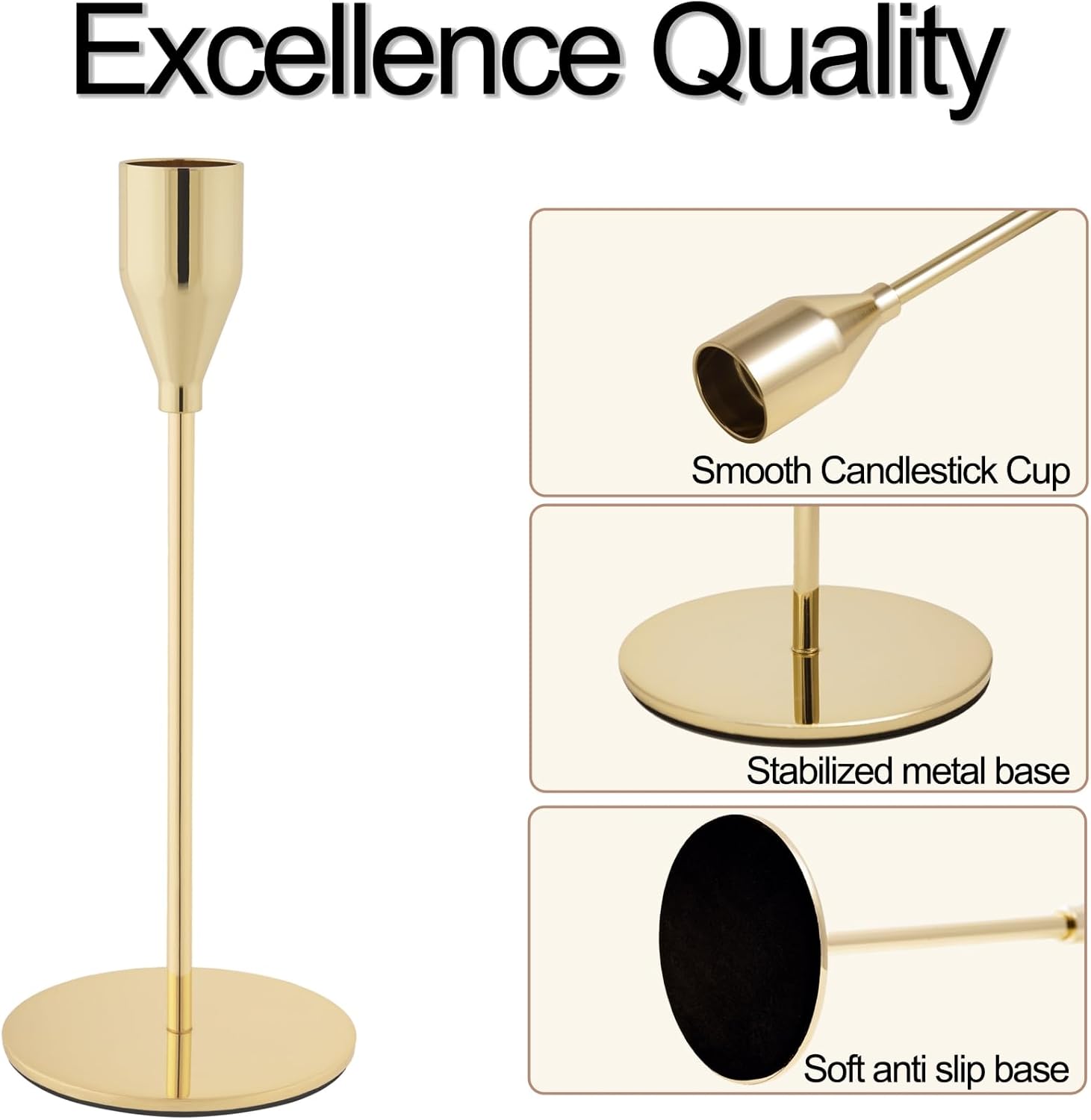 Gold Candlestick Holders, Metal Taper Candle Holders, Set of 6 | Elegant gold candle stands, 3 heights, for wedding