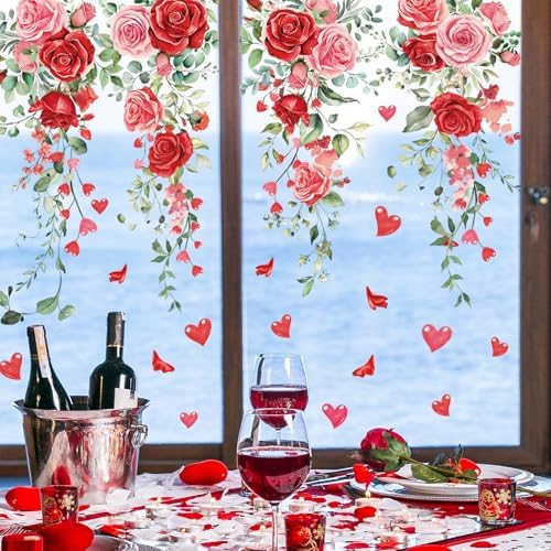 Whaline 9 Sheets Valentine Floral Window Cling Stickers Spring Rose Flower Hanging Vine Window Decals Eucalyptus Leaves Reusable Glass Decals for Wedding Party Home Decoration