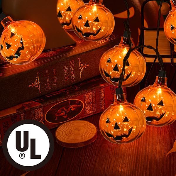 8.5FT LED Halloween Lights Pumpkin String Lights with 10 Smiling Jack O Lantern Pumpkin Lights, LED Jack O Lantern for Home Party Yard Porch Indoor Outdoor Halloween Decorations, 0.07W