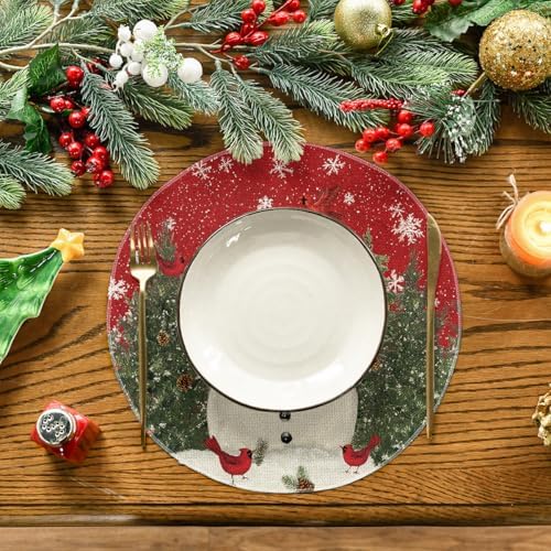 Artoid Mode Snowman Trees Snowflakes Christmas Round Placemats Set of 8, 14 Inch Winter Round Table Mats for Dining Decoration