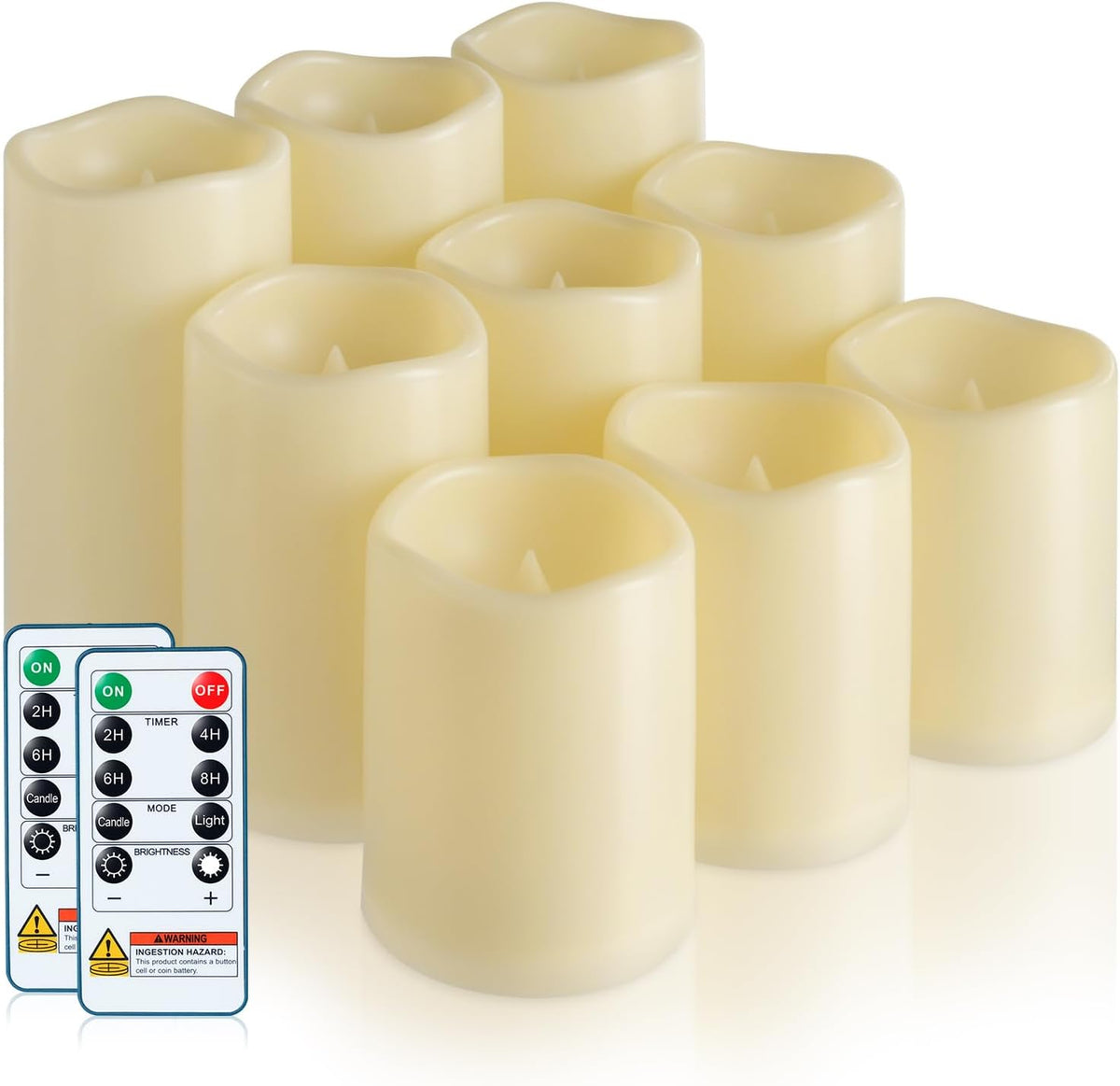 5plots Outdoor Waterproof Flameless Candles, LED Pillars Set of 9 Ivory | Ivory candles in 3"x4"5"6" sizes, battery