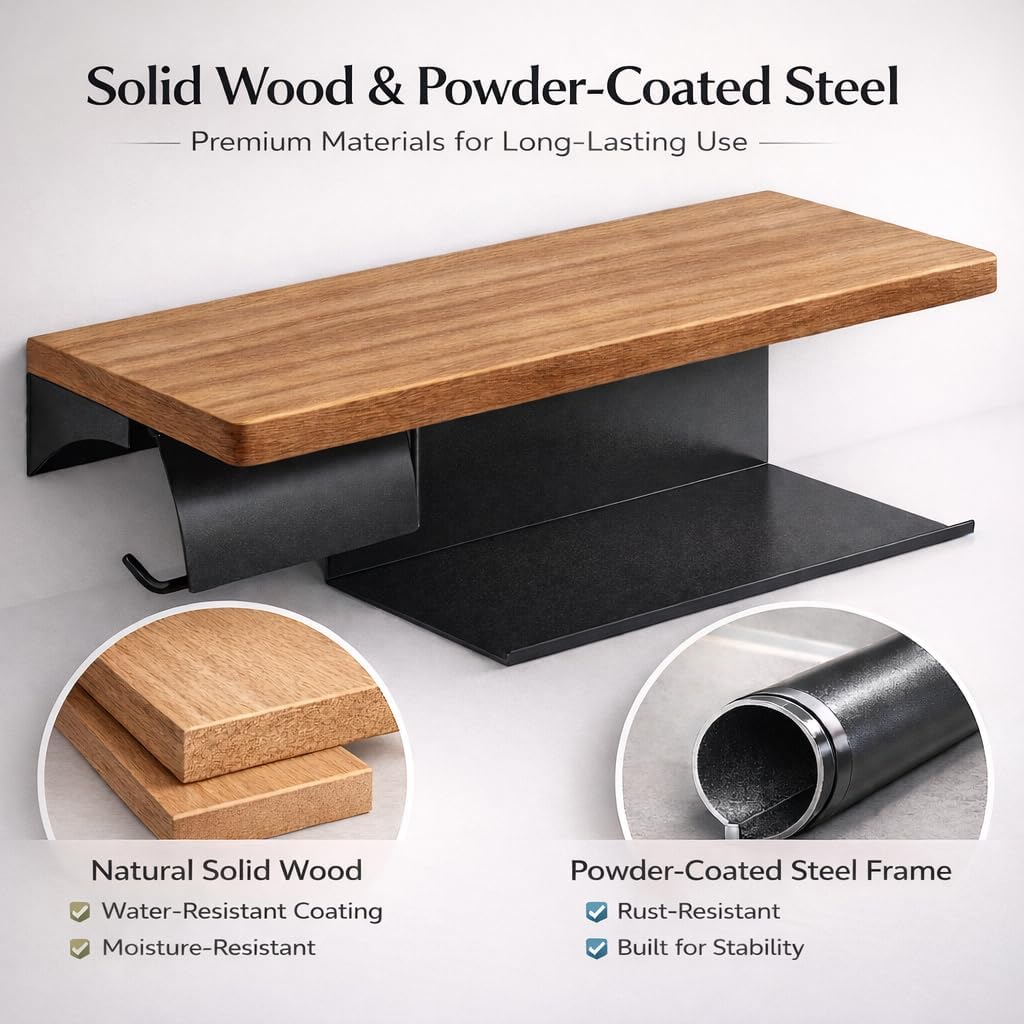 Double Toilet Paper Holder with Solid Wood Shelf, Wall Mounted Matte Black | 16" x 5.31" Toilet Paper Rolls with