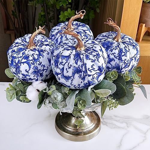 Winlyn 4 Pcs Faux Decorative Blue and White Fabric Pumpkins Chinoiserie Chic Pumpkins Foam Pumpkins for Gifts Farmhouse Thanksgiving Halloween Fall Wedding Table Centerpiece Mantel Bowl Decorations
