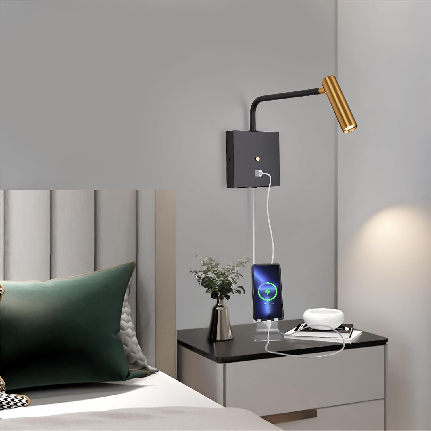 ZEROUNO LED Wall Lamp Wall Mounted Reading Lights, Dimmable Adjustable Headboard Plug in Wall Sconce with USB C+A