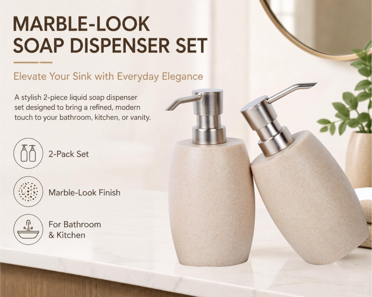 Clasin Home Sandstone Textured Resin Soap Dispenser with Metallic Pump and Waterproof Bottle Labels for Bathroom