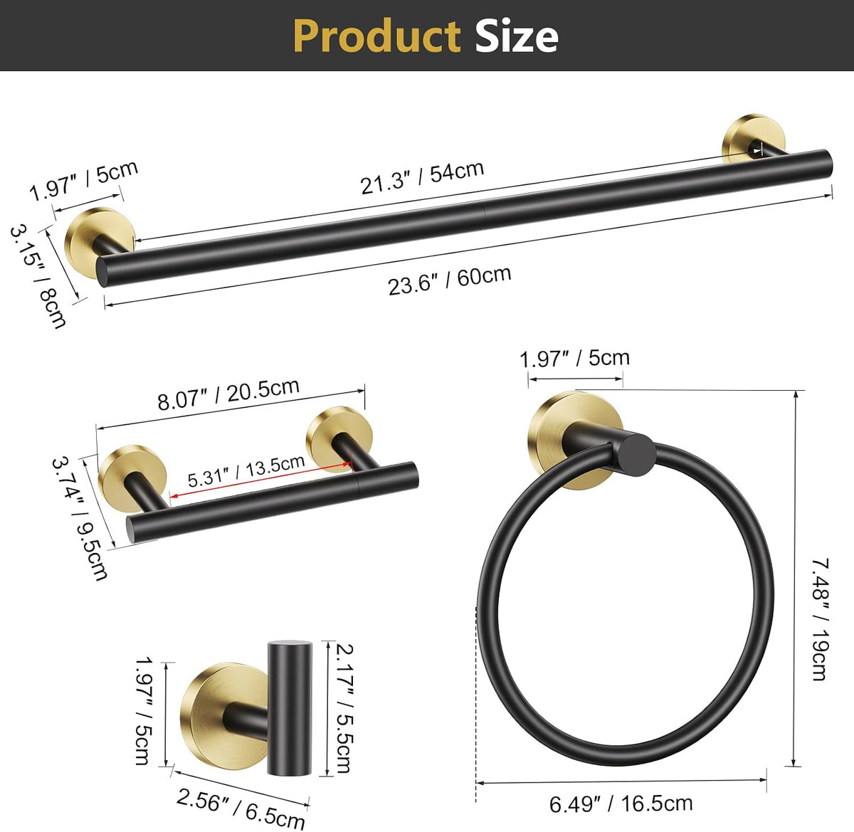 TQKAG 5 Piece Black and Gold Bathroom Accessories, Towel Racks for Bathroom | 23.6" Bathroom Hardware Set, SUS304