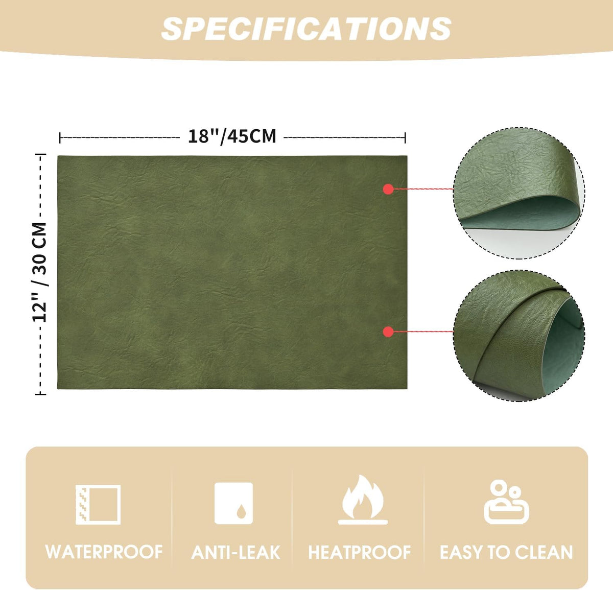 Artoid Mode Olive Green Faux Leather Placemats Set of 6, 12x18 Inch Waterproof Wipeable Heat Resistant Vinyl Place