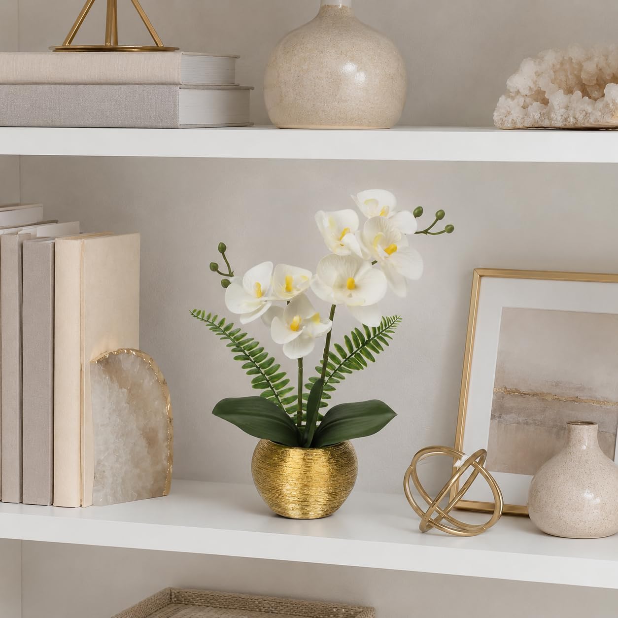 Artificial Orchid Flowers in Gold Ceramic Pot / White Orchid with Gold Vase