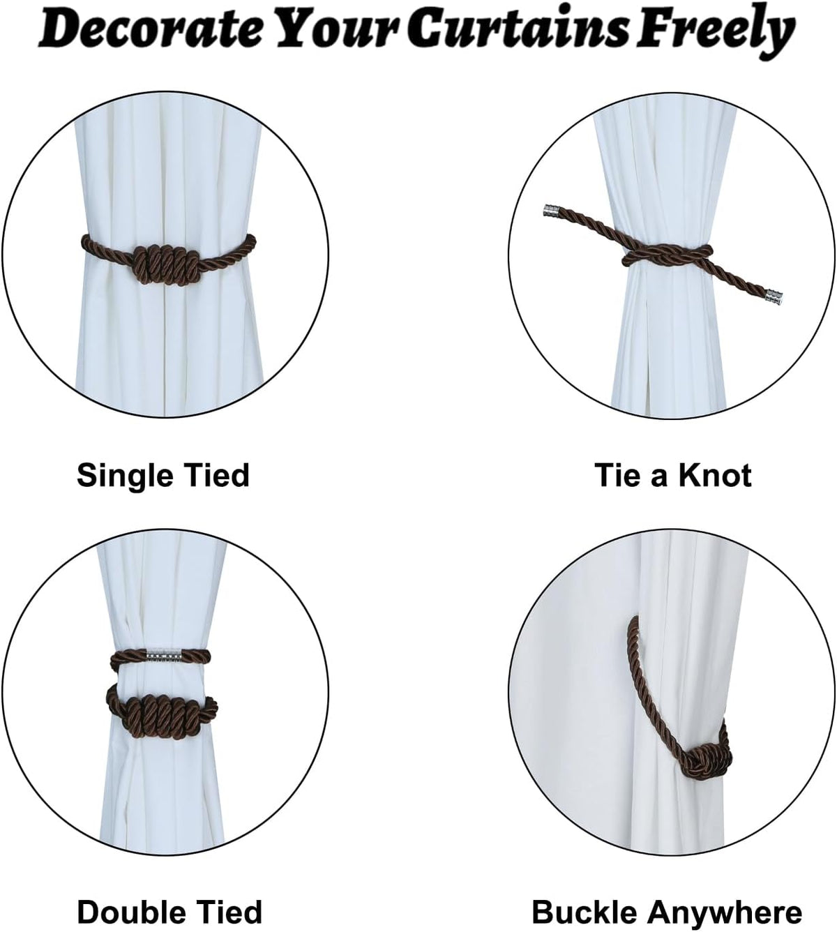 BEL AVENIR Magnetic Curtain Tiebacks 6 Pack Hand-Woven Curtain Ties | Coffee Decorative Curtain Holdbacks Bohemian