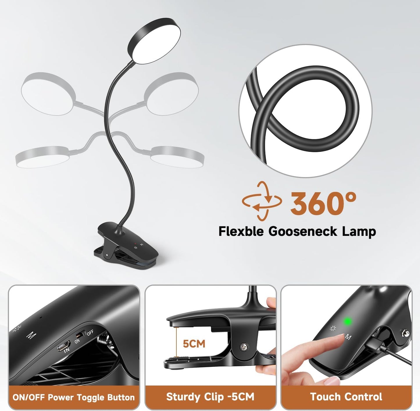 Mubarek Clip on Lamp,5 Brightness+5 Color Clip on Light,200LM 36 LED Reading Lights for Books in Bed,1800mAh Battery