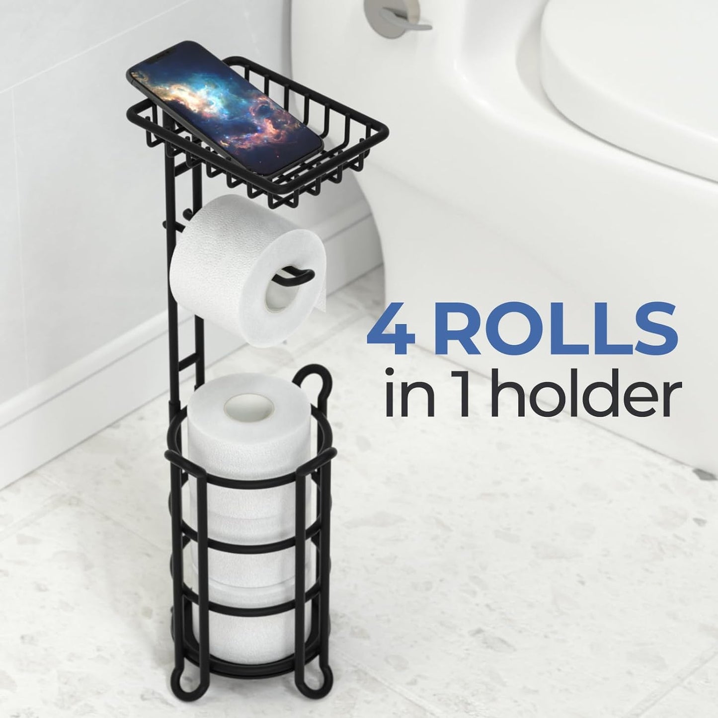 TreeLen Toilet Paper Holder Stand Tissue Paper Roll Dispenser with Shelf for Bathroom Storage Holds Reserve Mega